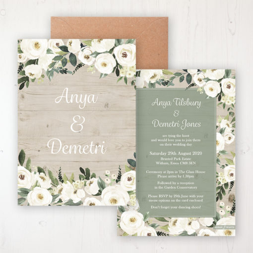 Forrester Green Wedding Invitation - Flat Personalised Front & Back with Rustic Envelope