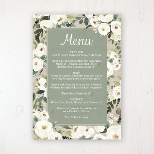 Forrester Green Wedding Menu Card Personalised to display on tables