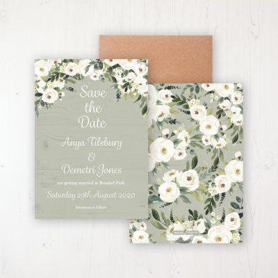Forrester Green Wedding Save the Date Personalised Front & Back with Rustic Envelope