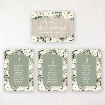 Forrester Green Wedding Table Plan Cards Personalised with Table Names and Guest Names