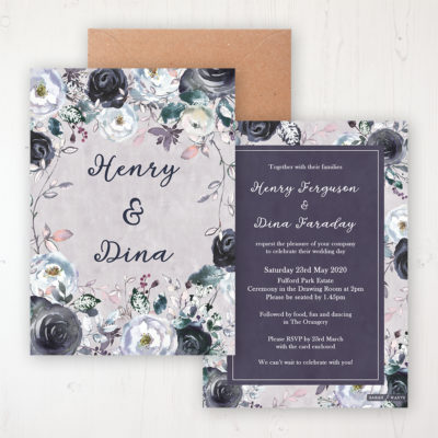 Navy Fleur Wedding Invitation - Flat Personalised Front & Back with Rustic Envelope