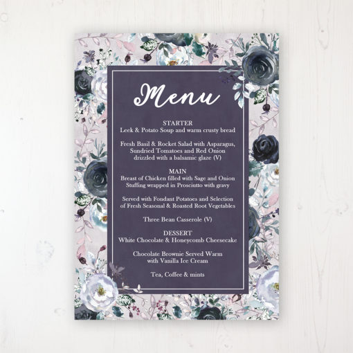 Navy Fleur Wedding Menu Card Personalised to display on tables
