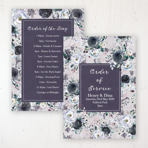 Navy Fleur Wedding Order of Service - Card Personalised front and back