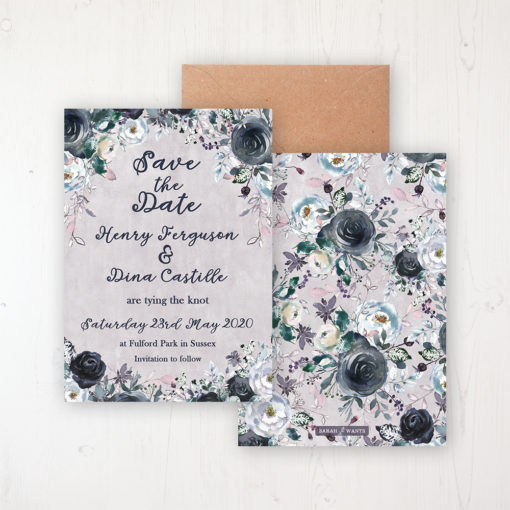 Navy Fleur Wedding Save the Date Personalised Front & Back with Rustic Envelope