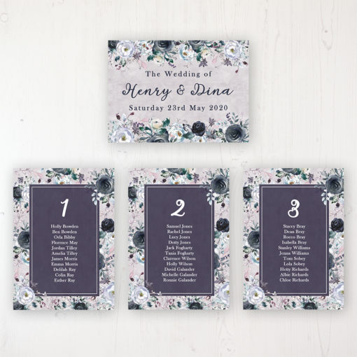 Navy Fleur Wedding Table Plan Cards Personalised with Table Names and Guest Names