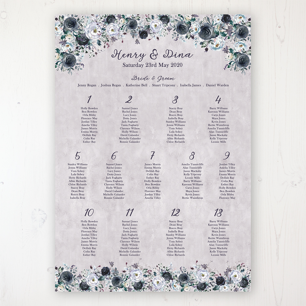 Navy Fleur Wedding Table Plan Poster, What Size Is A Wedding Table Plan