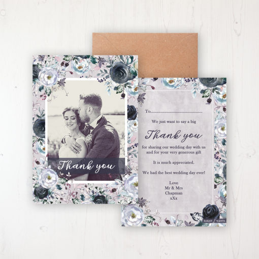 Navy Fleur Wedding Thank You Card - Flat Personalised with a Message & Photo