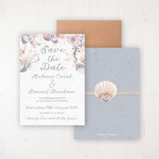 Shoreline Treasure Wedding Save the Date Personalised Front & Back with Rustic Envelope