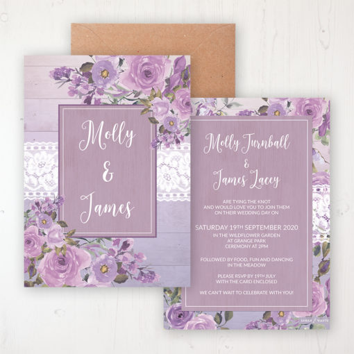 Wild Lavender Wedding Invitation - Flat Personalised Front & Back with Rustic Envelope