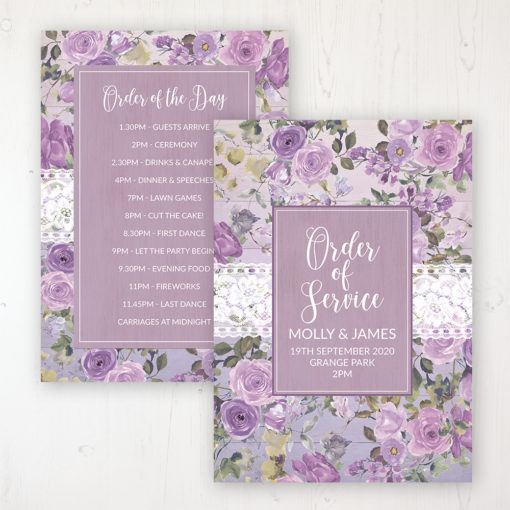 Wild Lavender Wedding Order of Service - Card Personalised front and back