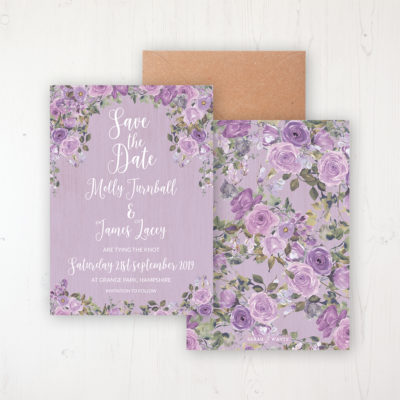 Wild Lavender Wedding Save the Date Personalised Front & Back with Rustic Envelope
