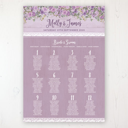 Wild Lavender Wedding Table Plan Poster Personalised with Table and Guest Names
