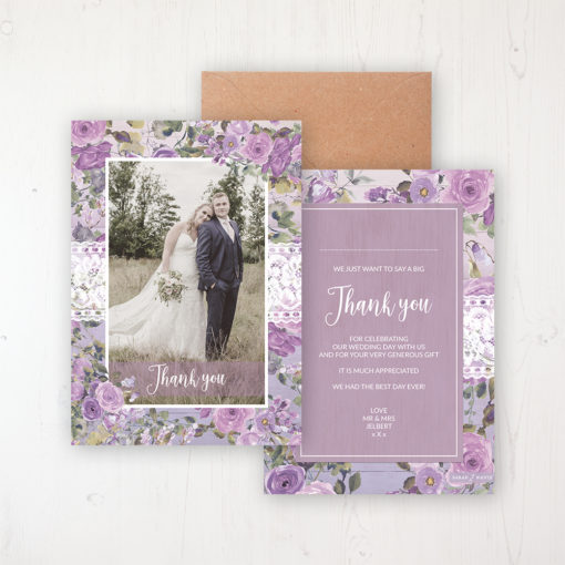 Wild Lavender Wedding Thank You Card - Flat Personalised with a Message & Photo