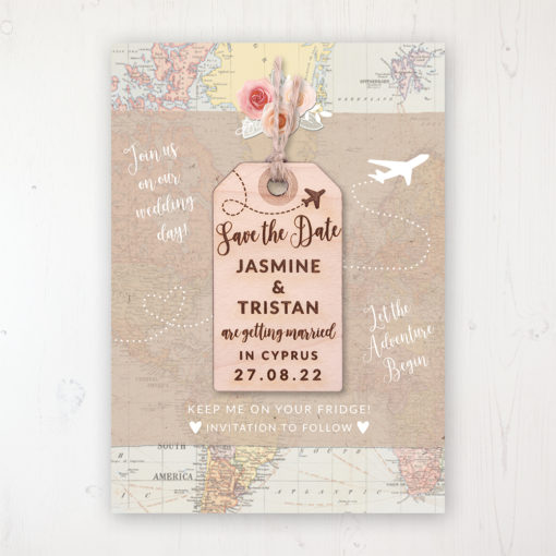 Adventure Backing Card with Wooden Save the Date Luggage Tag Magnet
