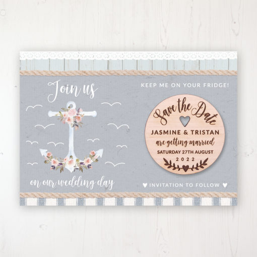 Anchored in Love Backing Card with Wooden Save the Date Round Magnet