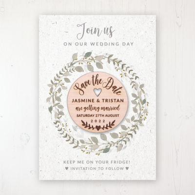 Botanical Garden Backing Card with Wooden Save the Date Round Magnet