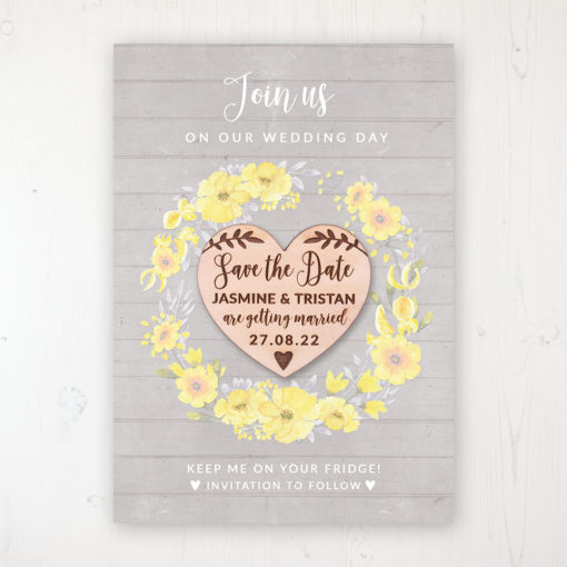 Buttercup Flutter Backing Card with Wooden Save the Date Heart Magnet