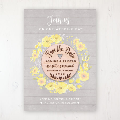 Buttercup Flutter Backing Card with Wooden Save the Date Round Magnet