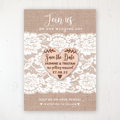 Chantilly Lace Backing Card with Wooden Save the Date Heart Magnet