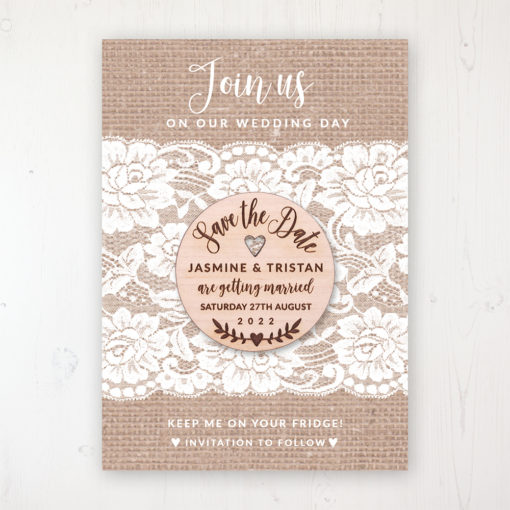 Chantilly Lace Backing Card with Wooden Save the Date Round Magnet
