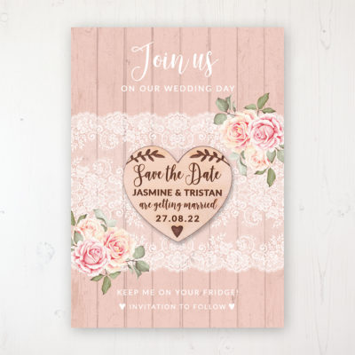 Coral Haze Backing Card with Wooden Save the Date Heart Magnet