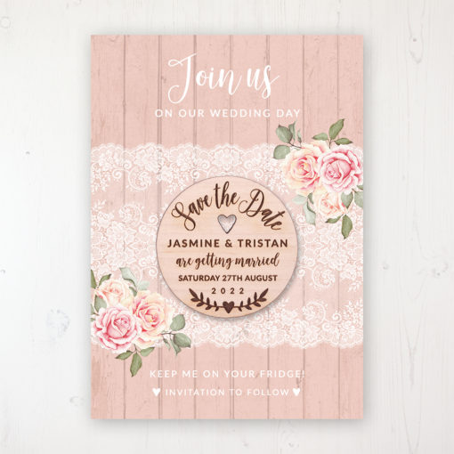 Coral Haze Backing Card with Wooden Save the Date Round Magnet