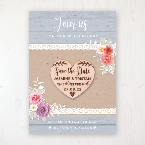 Cornflower Meadow Backing Card with Wooden Save the Date Heart Magnet