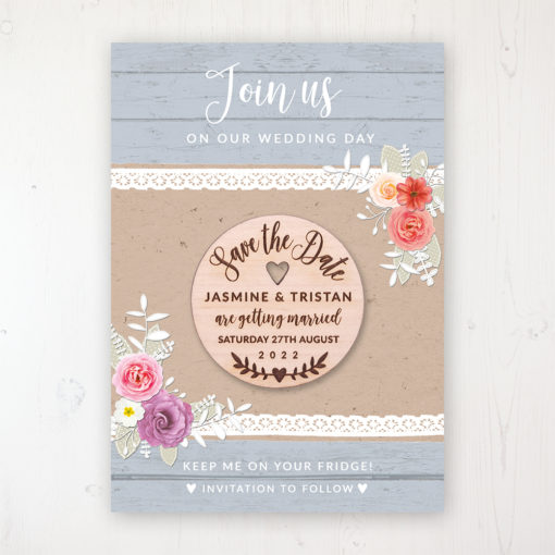 Cornflower Meadow Backing Card with Wooden Save the Date Round Magnet