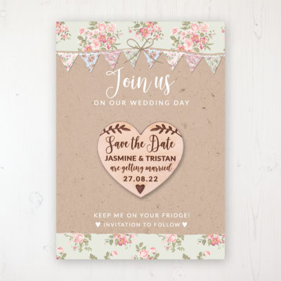 Country Wedding Backing Card with Wooden Save the Date Heart Magnet
