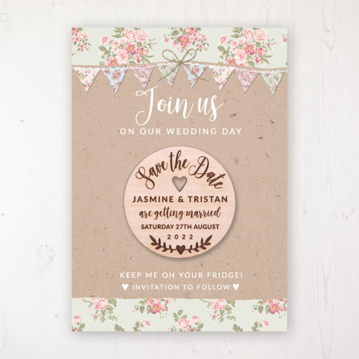 Country Wedding Backing Card with Wooden Save the Date Round Magnet
