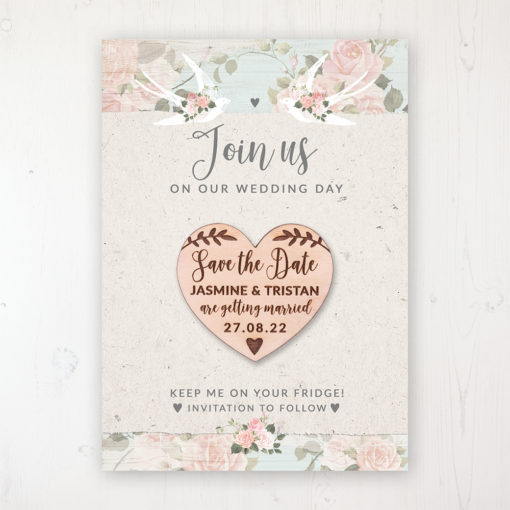 Dancing Swallows Backing Card with Wooden Save the Date Heart Magnet