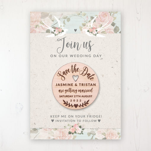 Dancing Swallows Backing Card with Wooden Save the Date Round Magnet