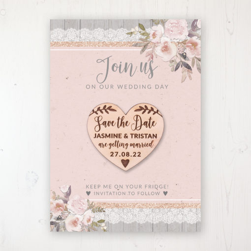 Delicate Mist Backing Card with Wooden Save the Date Heart Magnet