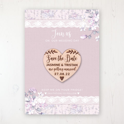 Dusky Dream Backing Card with Wooden Save the Date Heart Magnet
