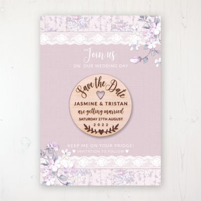 Dusky Dream Backing Card with Wooden Save the Date Round Magnet
