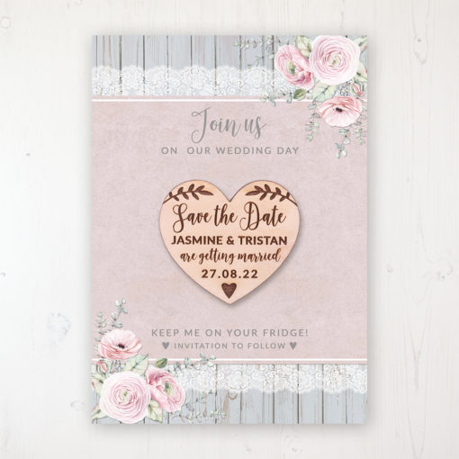 Dusty Flourish Backing Card with Wooden Save the Date Heart Magnet