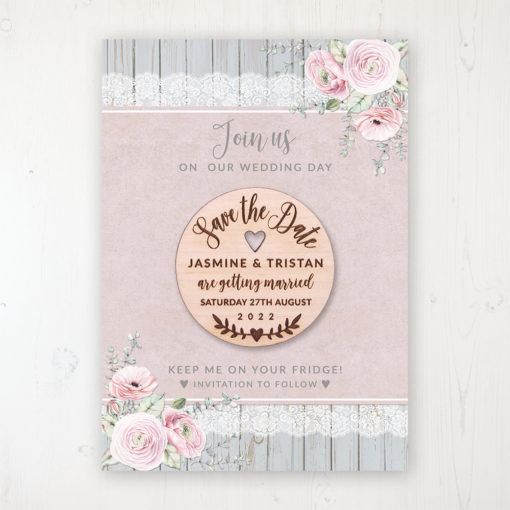 Dusty Flourish Backing Card with Wooden Save the Date Round Magnet