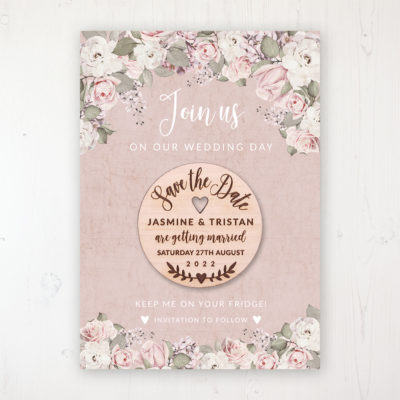 Dusty Rose Garden Backing Card with Wooden Save the Date Round Magnet