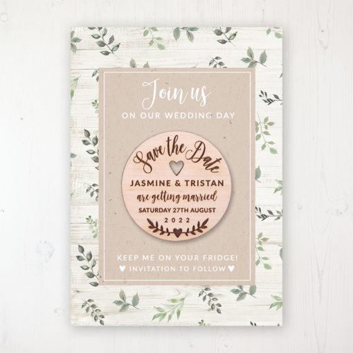 Evergreen Forest Backing Card with Wooden Save the Date Round Magnet