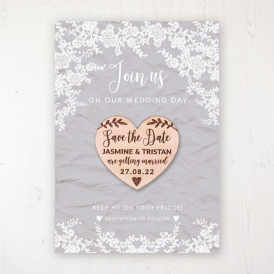 Floraison Lace Backing Card with Wooden Save the Date Heart Magnet