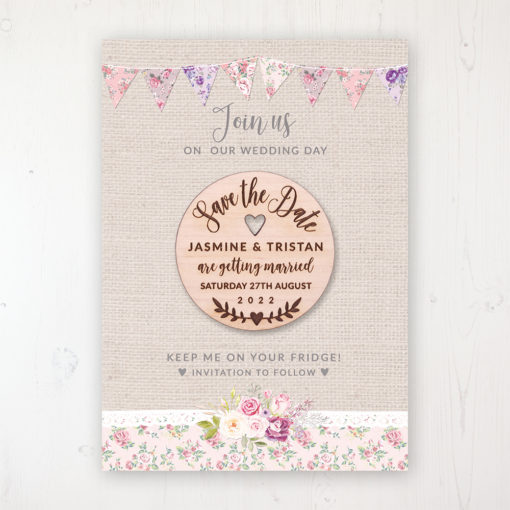 Floral Blooms Backing Card with Wooden Save the Date Round Magnet