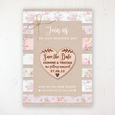 Floral Furrows Backing Card with Wooden Save the Date Heart Magnet