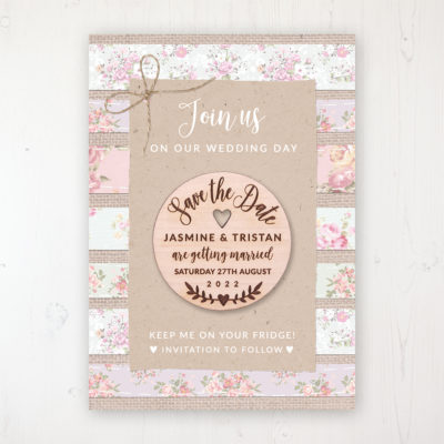 Floral Furrows Backing Card with Wooden Save the Date Round Magnet