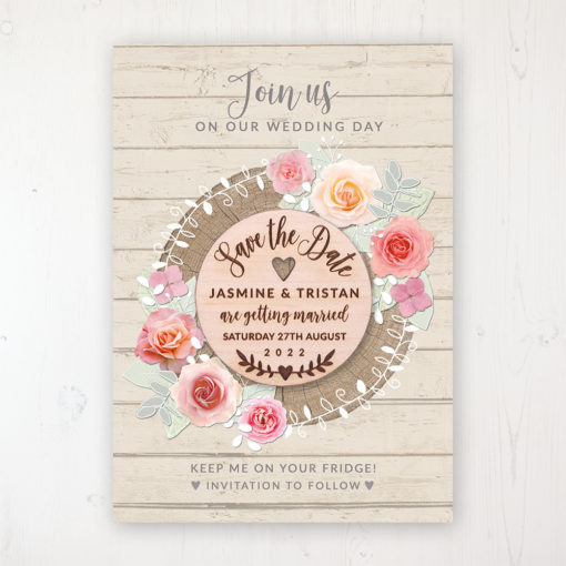 Flower Crown Backing Card with Wooden Save the Date Round Magnet