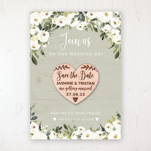 Forrester Green Backing Card with Wooden Save the Date Heart Magnet