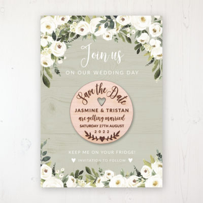 Forrester Green Backing Card with Wooden Save the Date Round Magnet