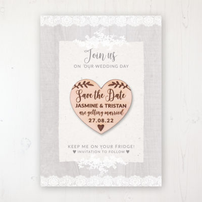 Grey Whisper Backing Card with Wooden Save the Date Heart Magnet
