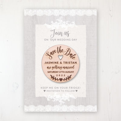 Grey Whisper Backing Card with Wooden Save the Date Round Magnet