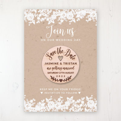 Lace Filigree Backing Card with Wooden Save the Date Round Magnet