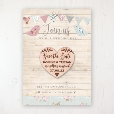 Lovebirds Backing Card with Wooden Save the Date Heart Magnet